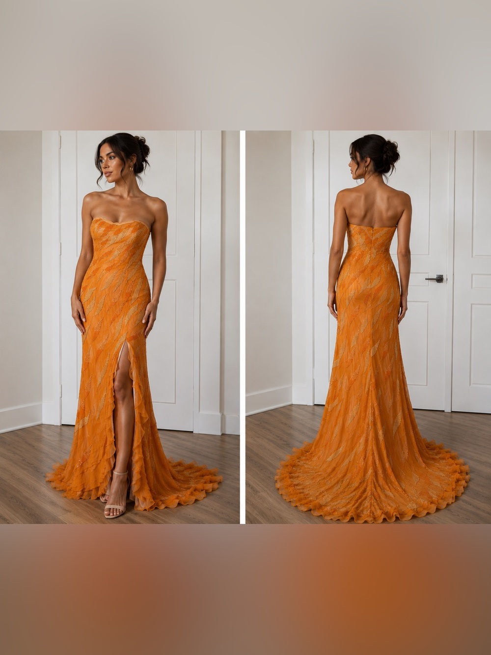 Night Moves Orange Beaded Strapless Slip Gown